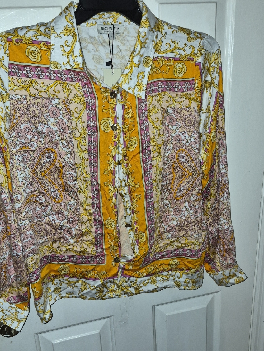 Rachel Zoe Yellow & Pink Baroque Silk Button-Down Blouse